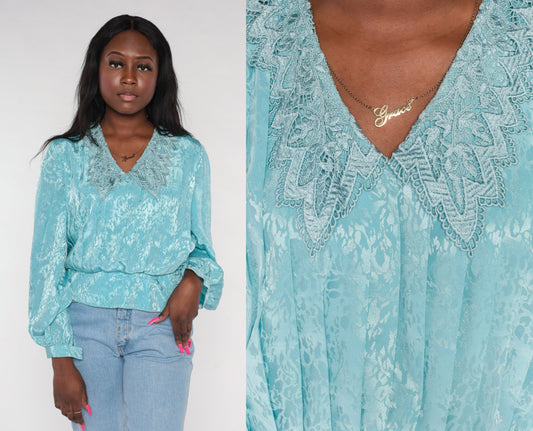 80s Blue Embossed Blouse Crochet Collar V-Neck Pleated Long Sleeve Medium