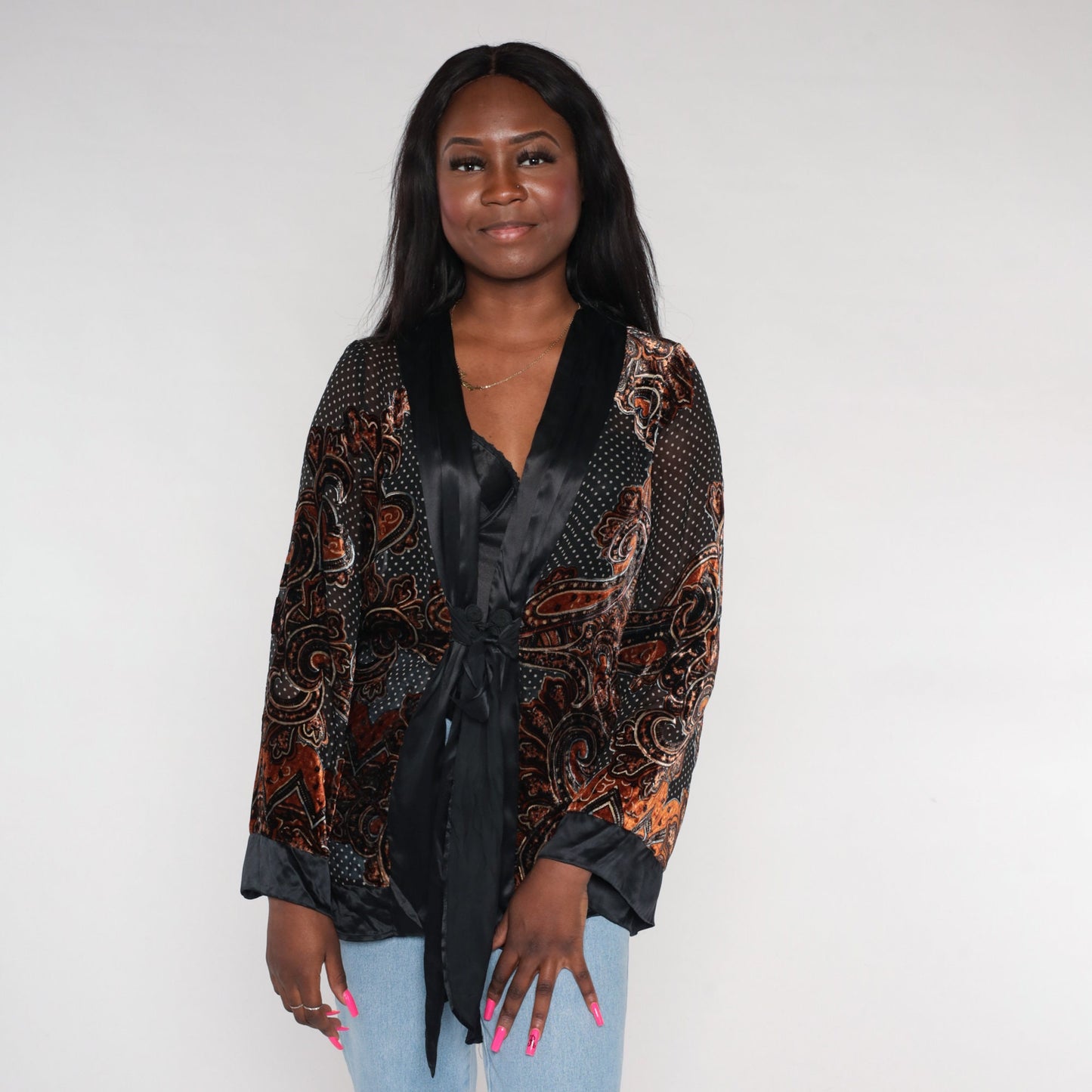 Y2K Velvet Paisley Jacket Black White Polka Dot Deep V Frog Closure Medium M
