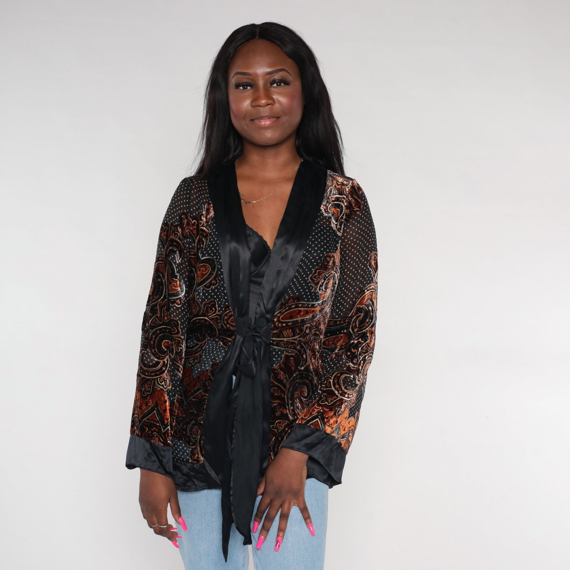 Y2K Velvet Paisley Jacket Black White Polka Dot Deep V Frog Closure Medium M
