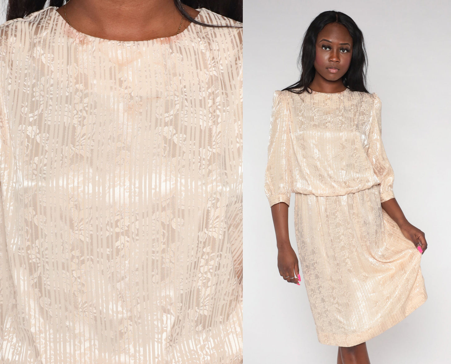 80s Champagne Embossed Floral Midi Dress Puff Sleeve Blouson Medium M