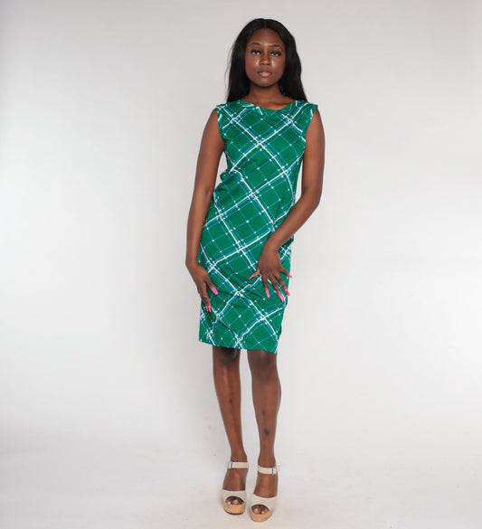 70s Green Lattice Print Shift Dress Sleeveless Mini A-Line Medium