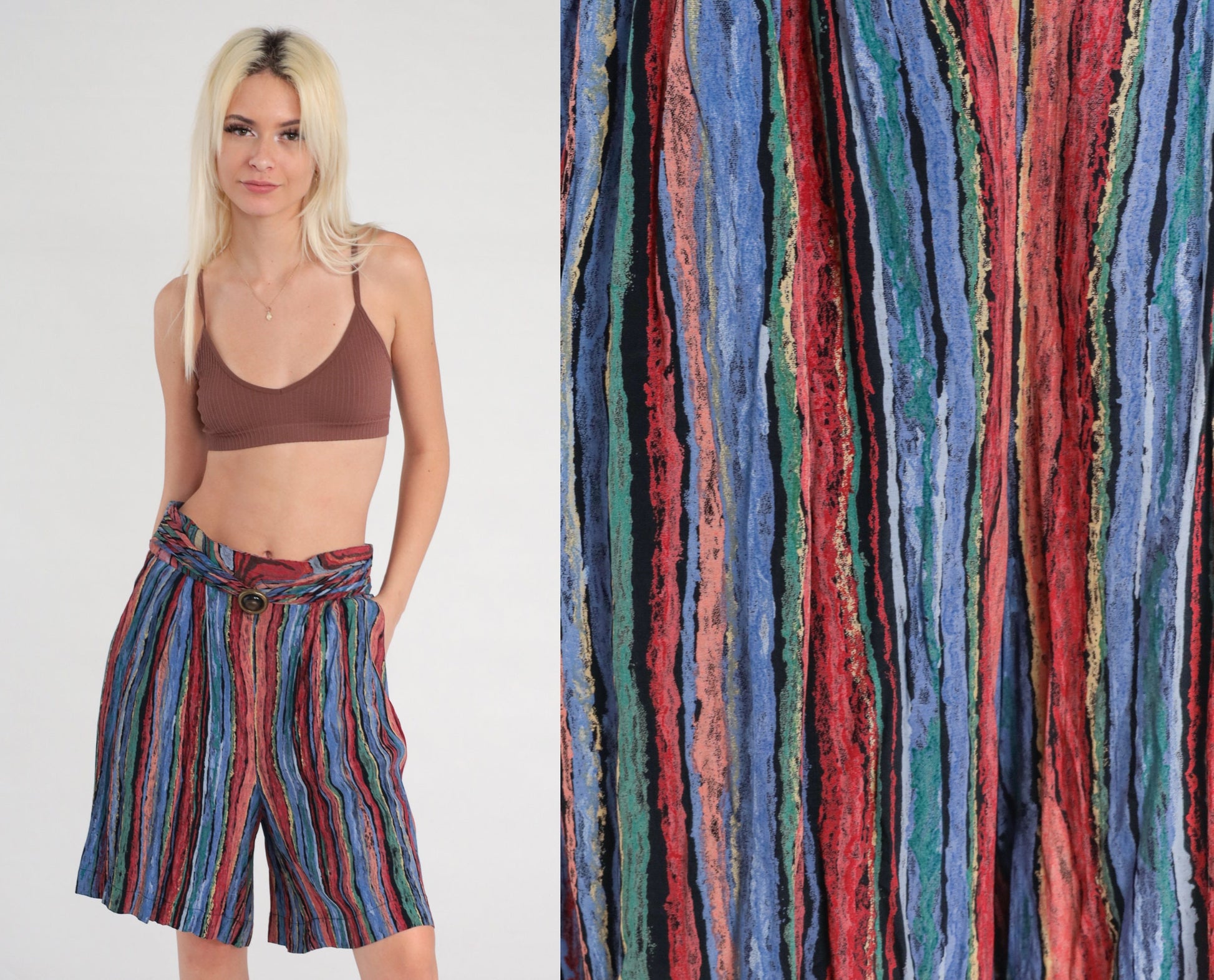 90s Striped Wide Leg Shorts High Waist Bermuda Rayon Green Blue Red Medium