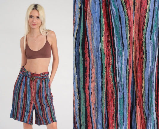 90s Striped Wide Leg Shorts High Waist Bermuda Rayon Green Blue Red Medium