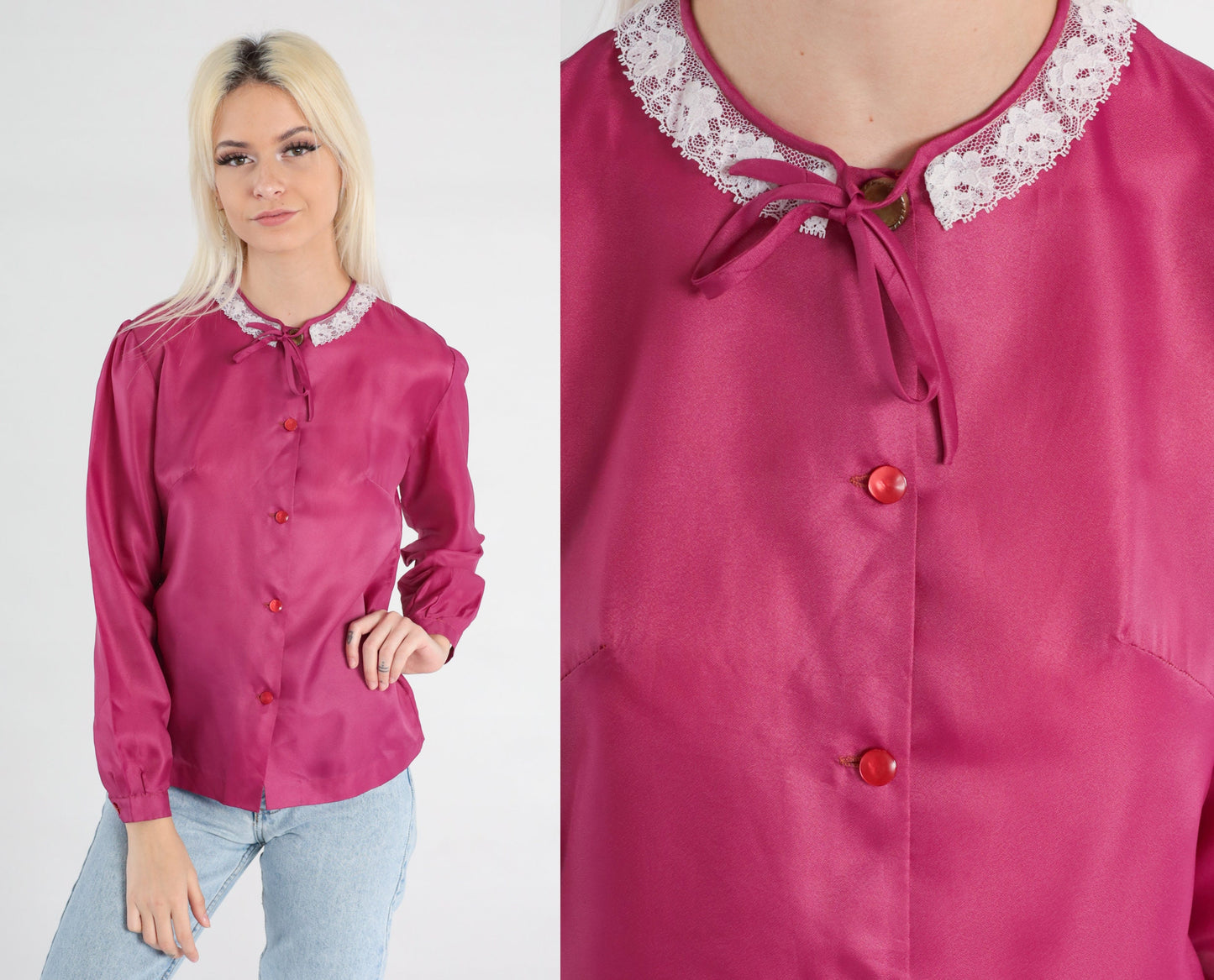 80s Raspberry Pink Puff Sleeve Button-Up Blouse Lace Collar Small