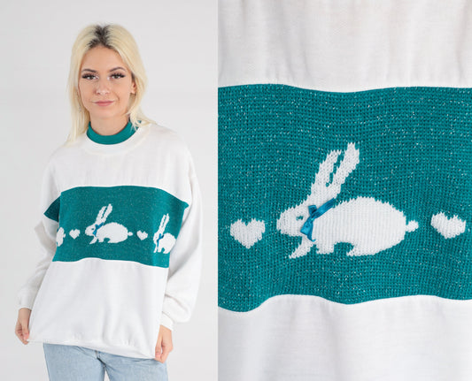 80s Bunny Rabbit Metallic Sweatshirt White Teal Graphic Crewneck Large