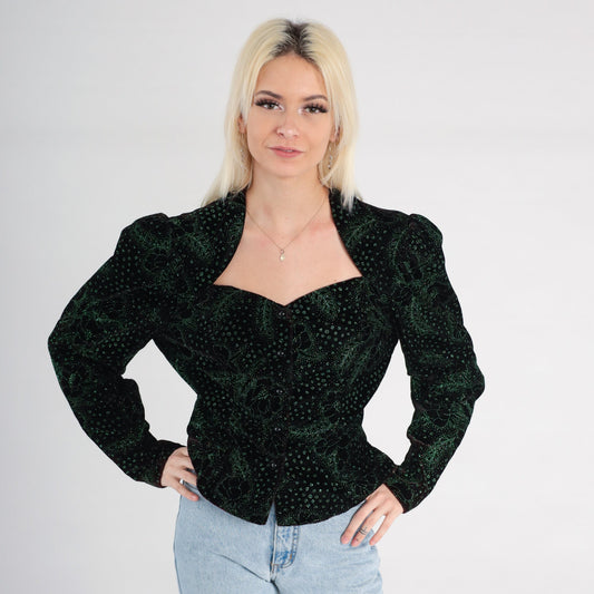 80s Gunne Sax Velvet Blouse Black Sparkly Green Floral Puff Sleeve Medium