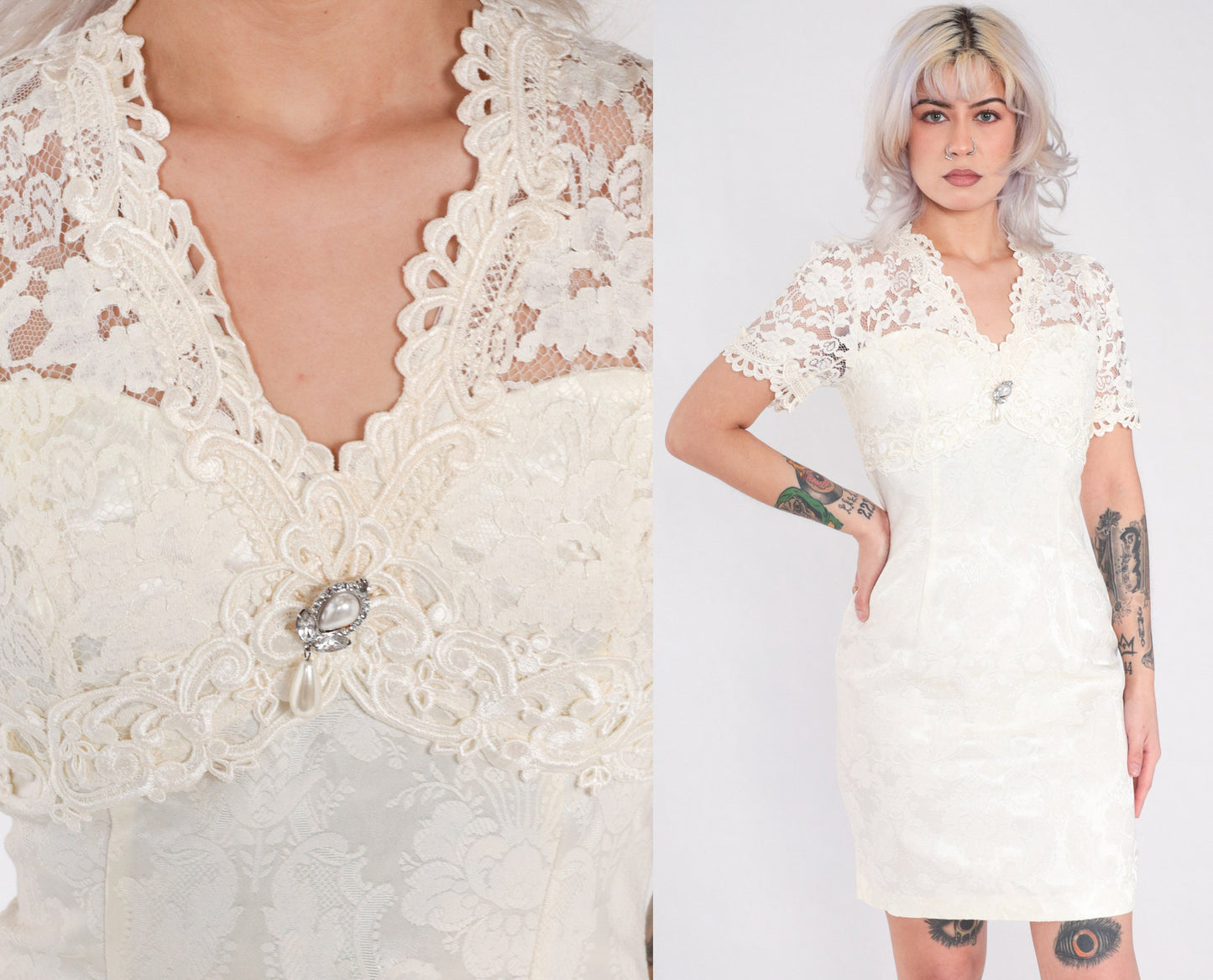 90s Scott McClintock Off-White Brocade Lace Mini Dress Short Sleeve Extra Small