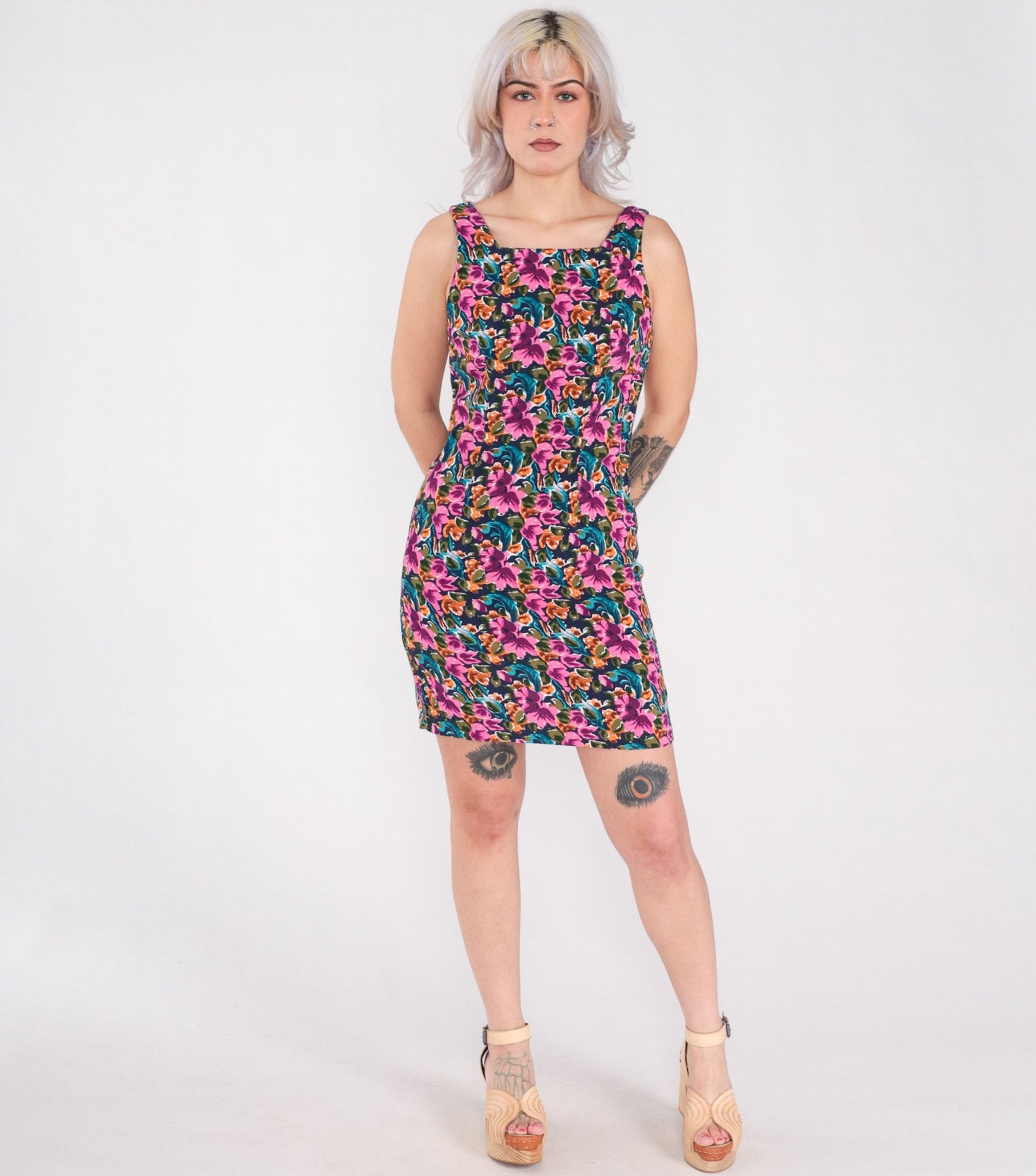 90s Floral Rayon Mini Dress Multicolored Sleeveless Sheath Small S