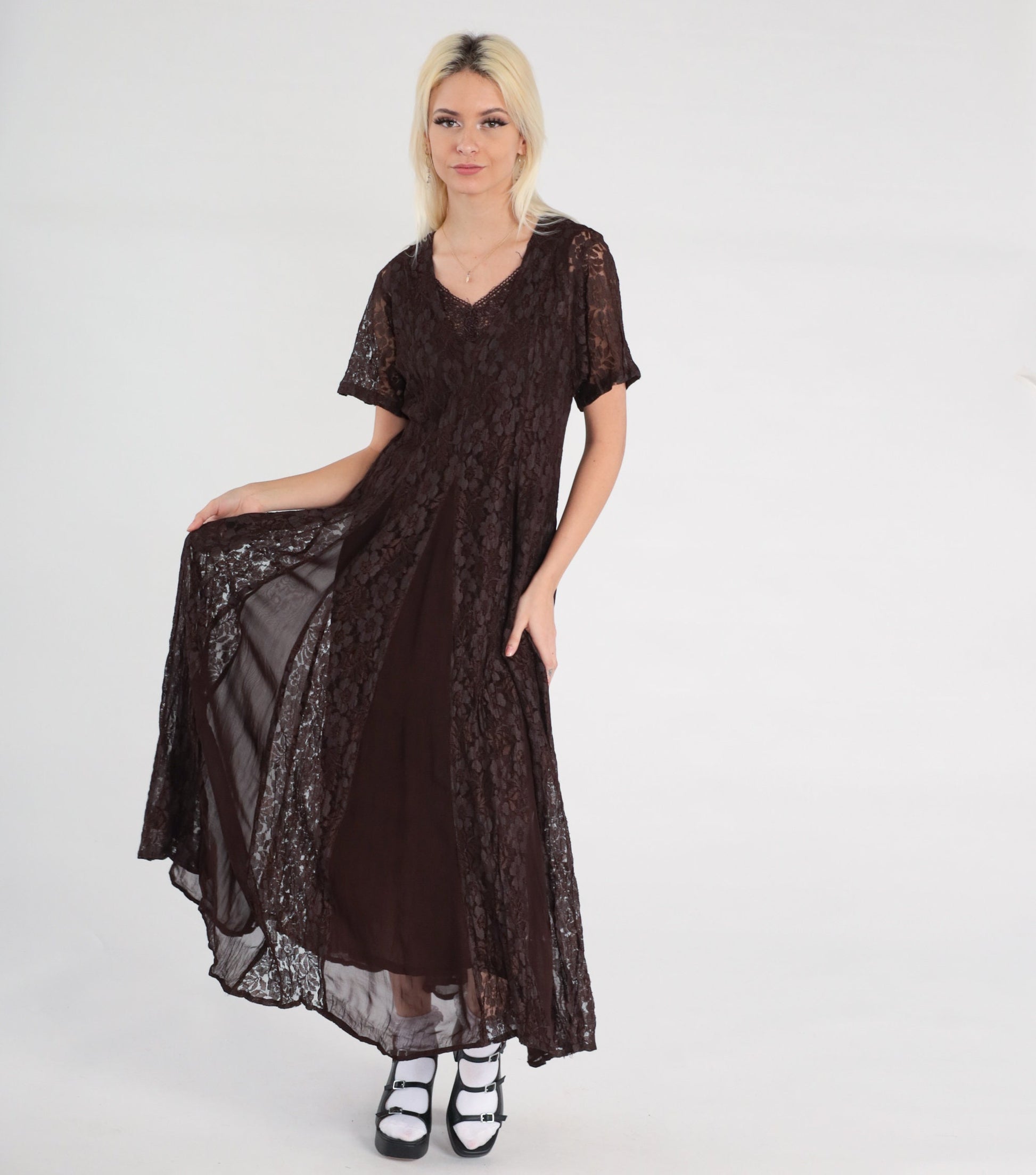 90s Brown Lace Maxi Dress Chiffon Panel V-Neck Short Sleeve Small