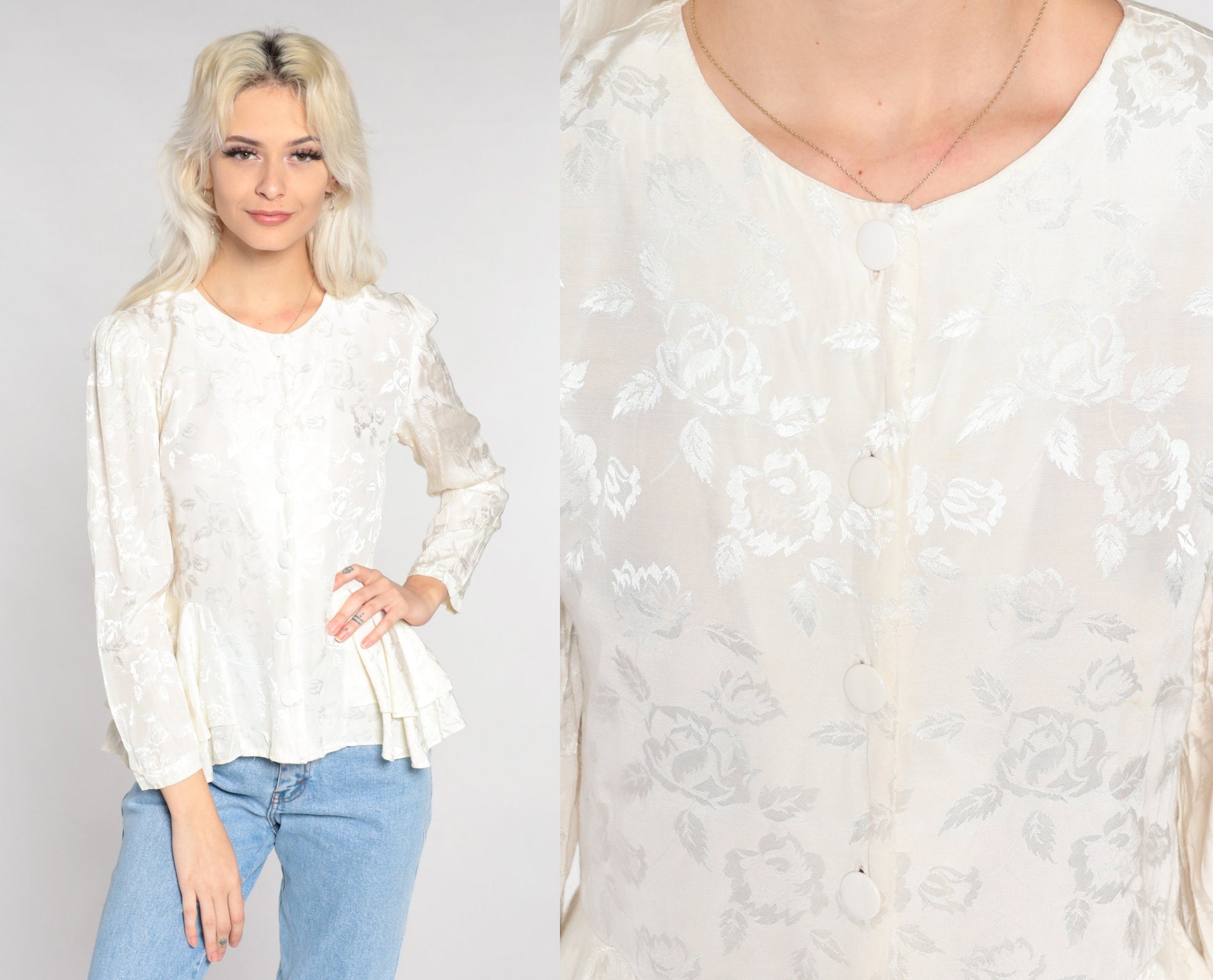80s White Floral Embossed Peplum Blouse Puff Sleeve Button-Up Extra Small