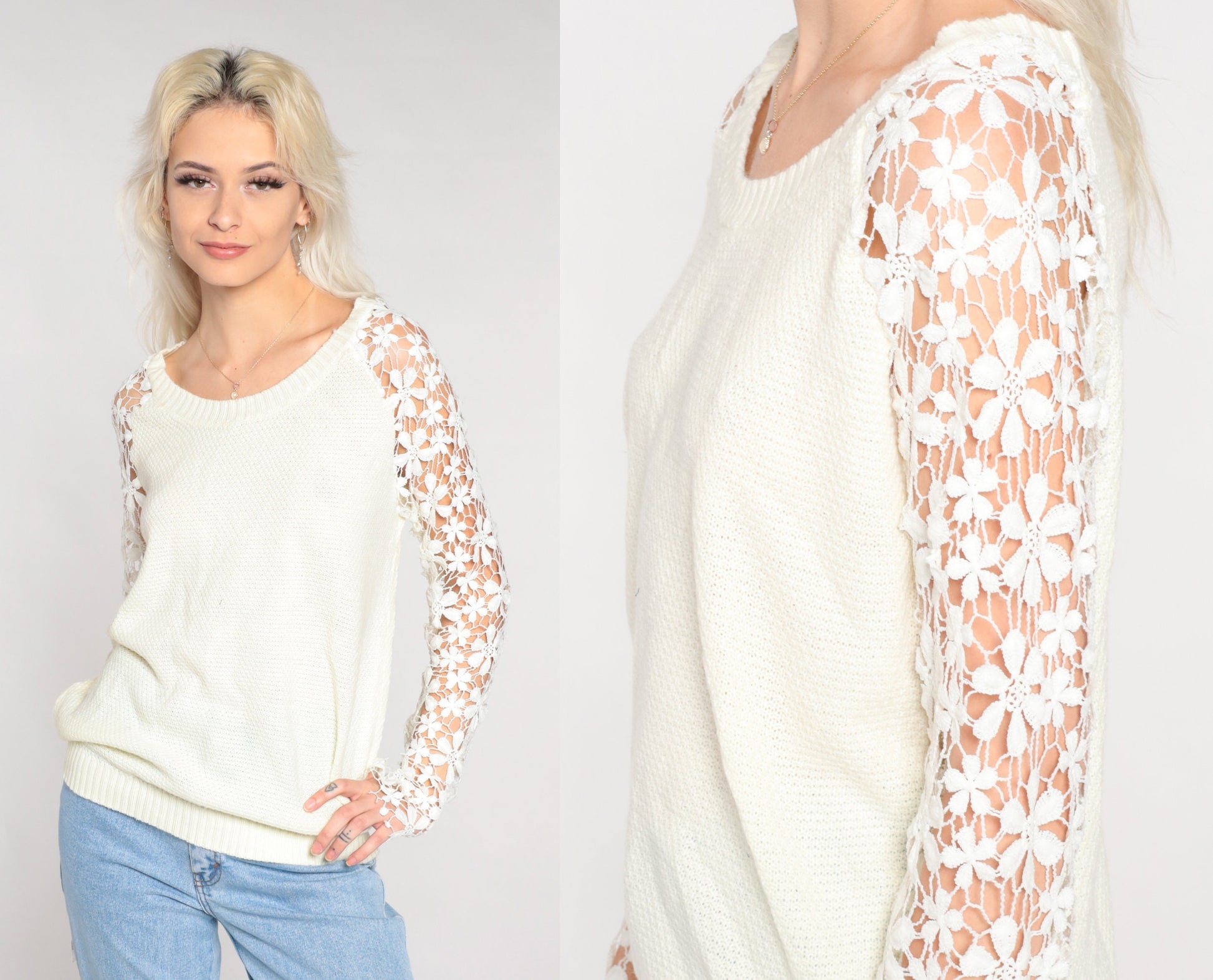 90s White Crochet Floral Knit Sweater Sheer Sleeve Pullover Medium Large