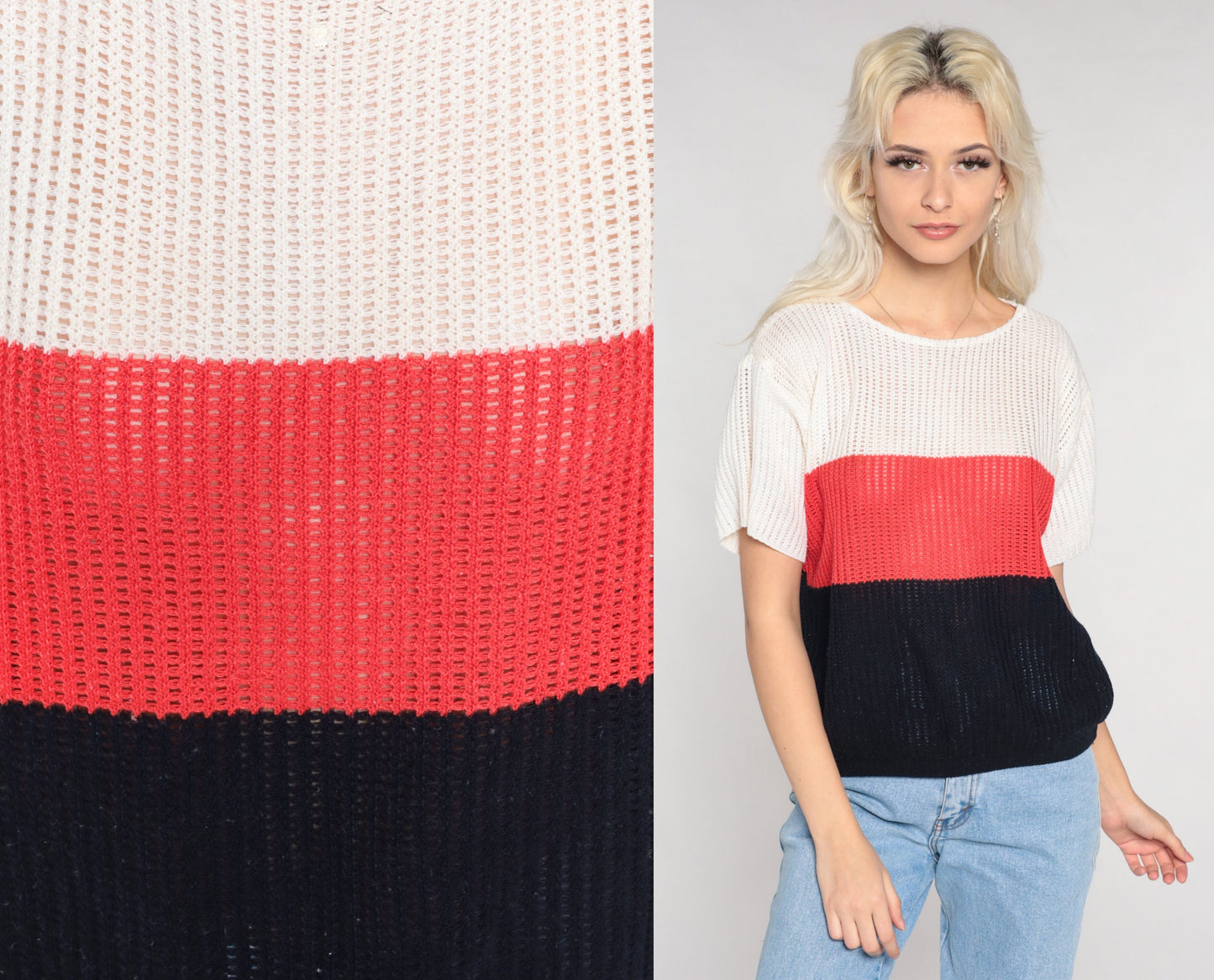 70s Striped Open Weave Knit Sweater Top Short Sleeve White Red Black Small