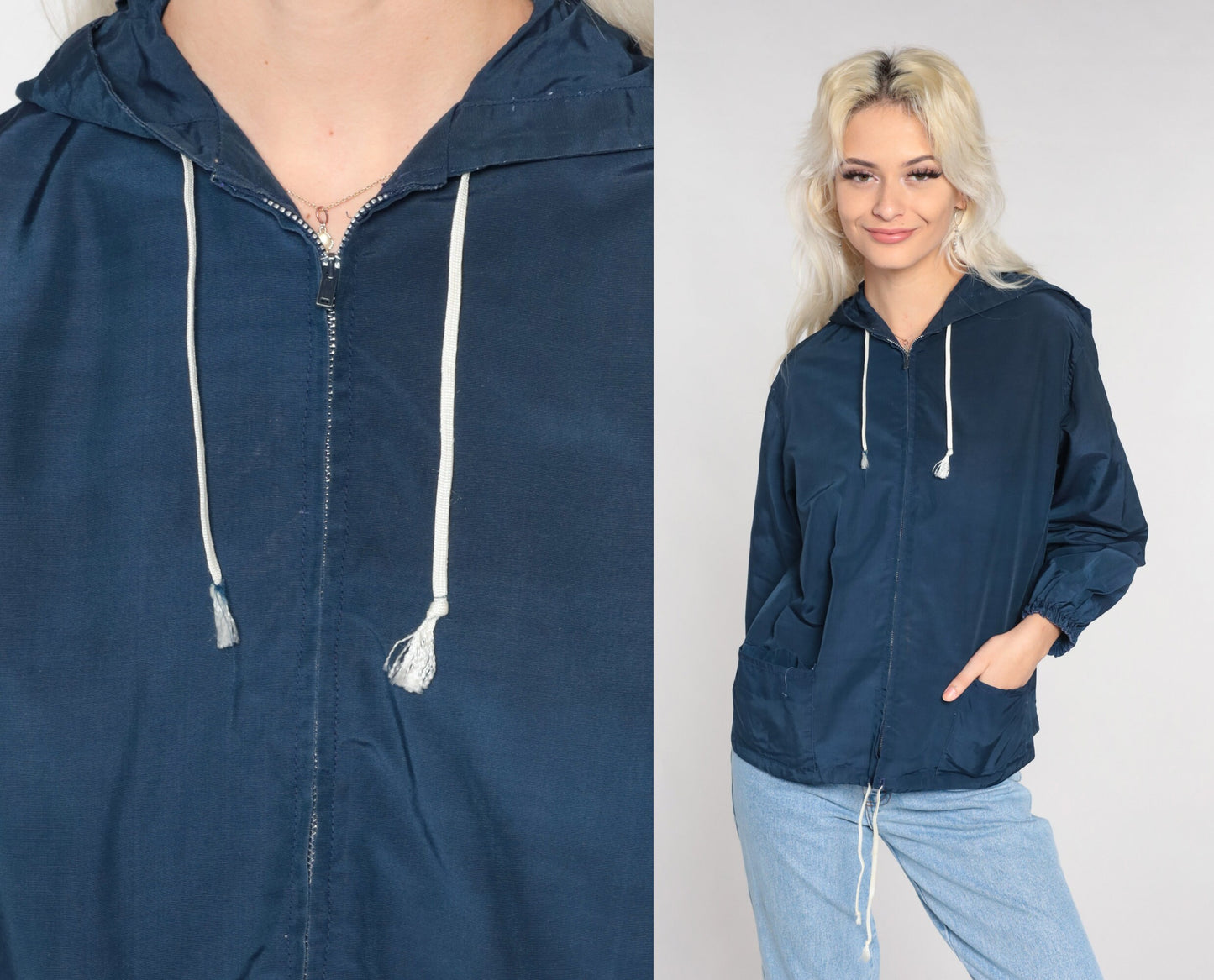 80s Navy Zip-Up Hooded Windbreaker Jacket Small S