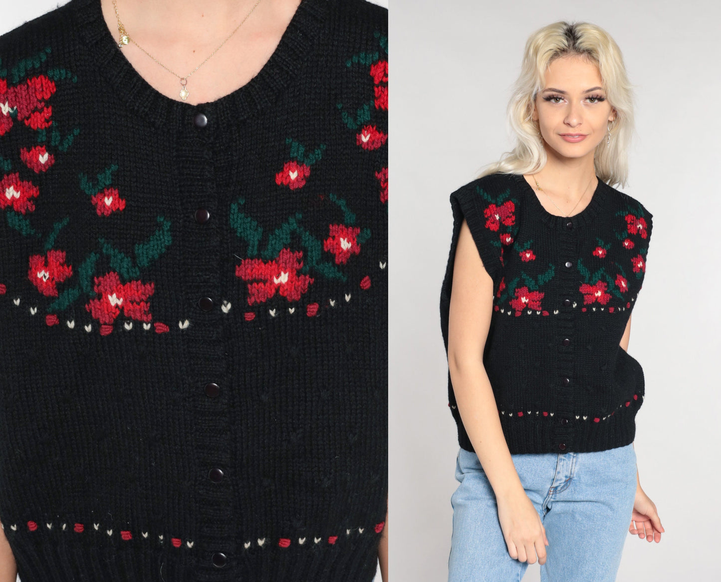 80s Black Wool Floral Button-Up Sweater Vest Red Flower Knit Large