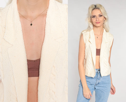 80s Cream Cable Knit Vest Collared Open Front Sleeveless Sweater Small