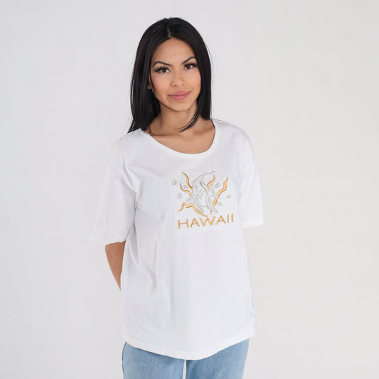 90s Hawaii Tropical Fish Embroidered T-Shirt White Graphic Tee Large L