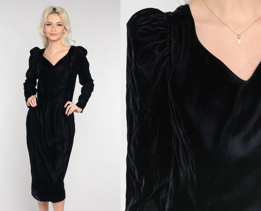 90s Black Velvet Midi Dress Puff Sleeve V-Neck Low Back Medium