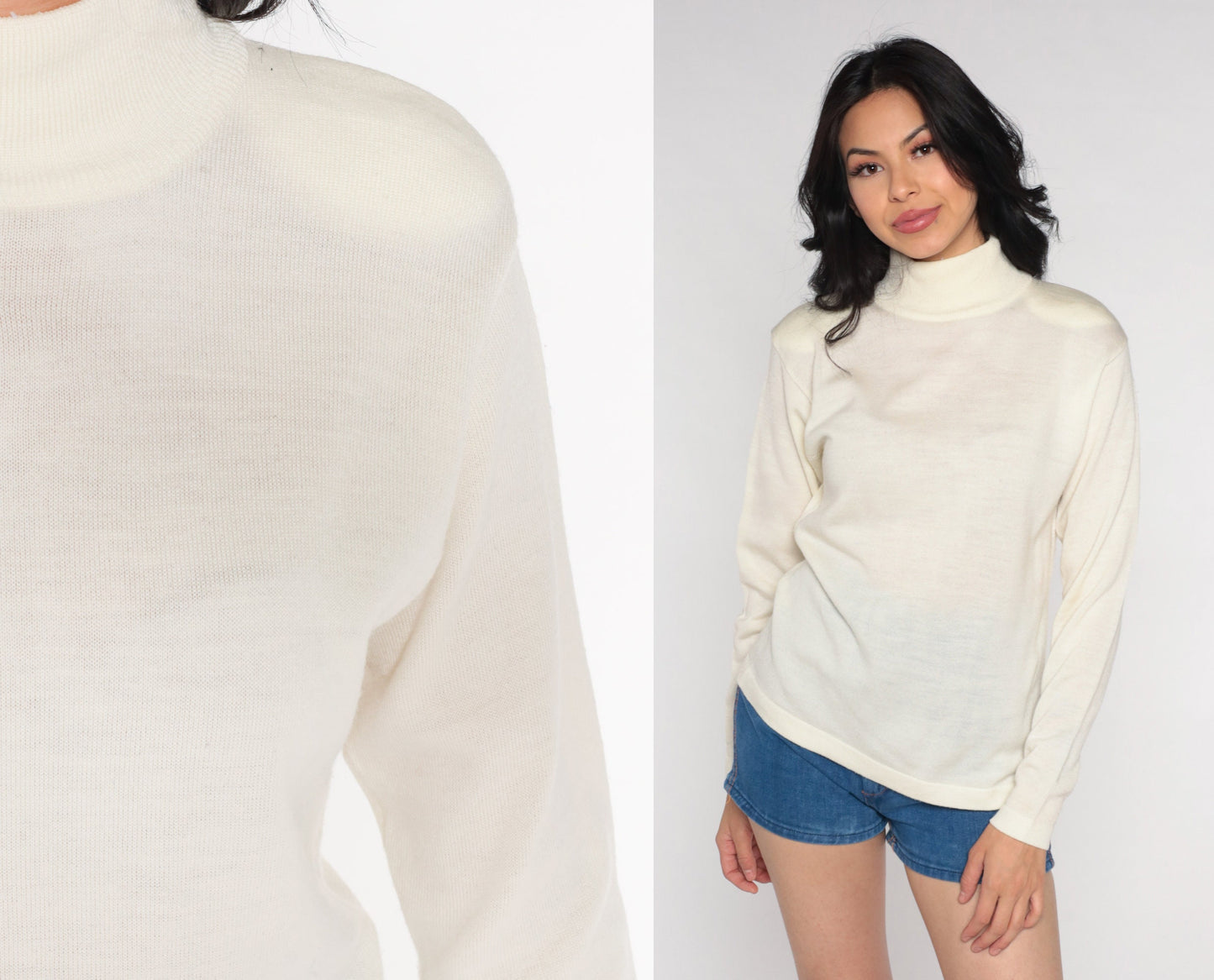 90s Evan Picone Cream Knit Turtleneck Long Sleeve Top Medium