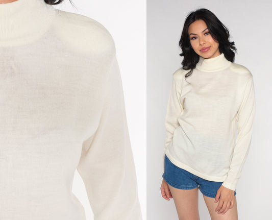 90s Evan Picone Cream Knit Turtleneck Long Sleeve Top Medium