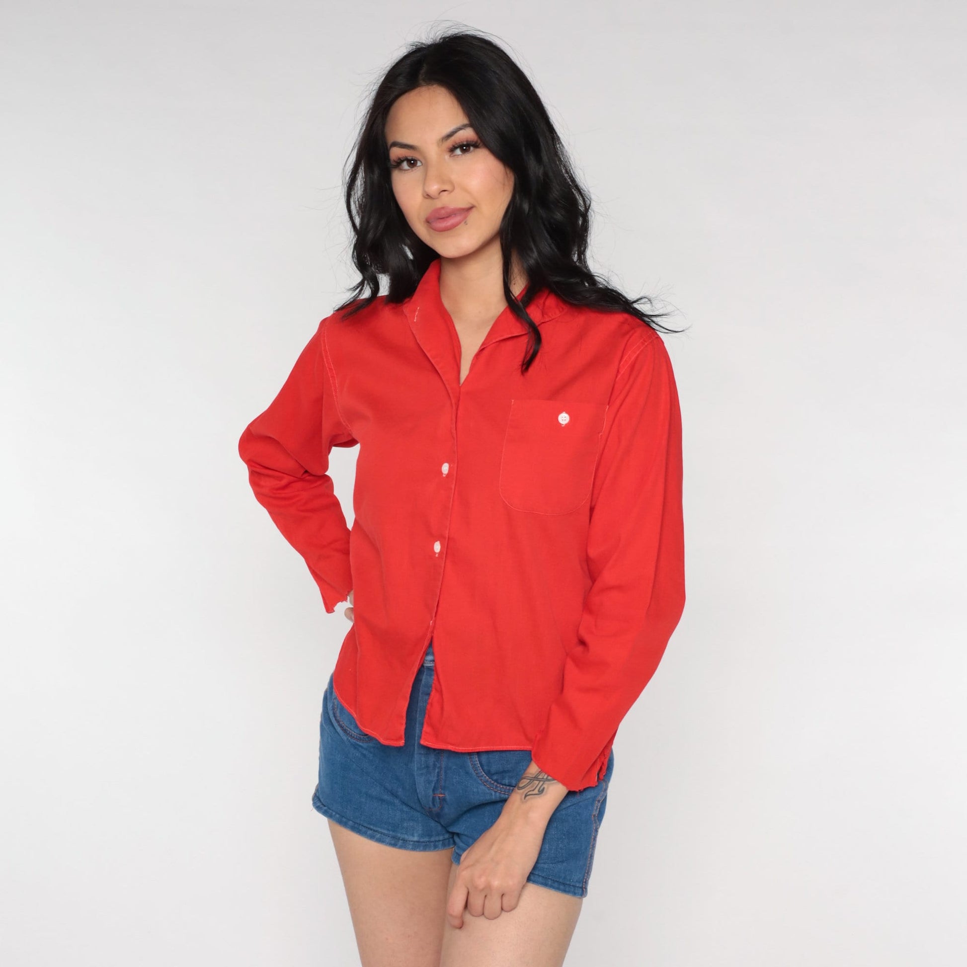 70s Red Cotton Blend Button-Up Shirt Long Sleeve Disco Blouse Small