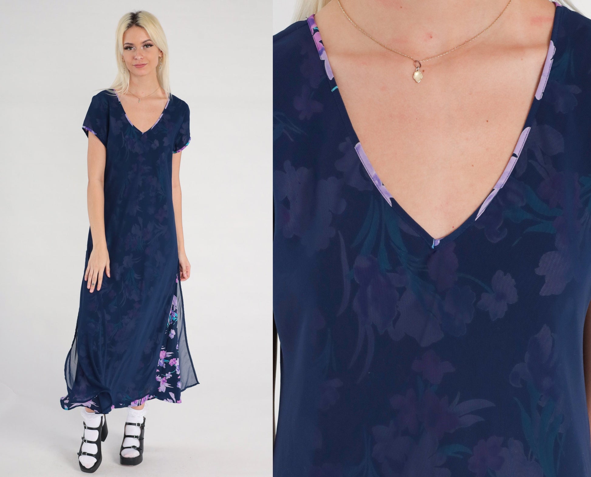 00s Floral Chiffon Maxi Dress Dark Blue V-Neck Botanical Print Small