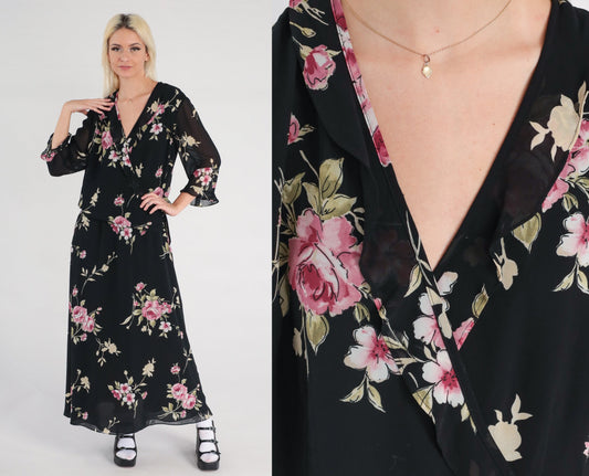 90s Black Floral Chiffon Maxi Dress V-Neck 3/4 Sleeve Wrap Large