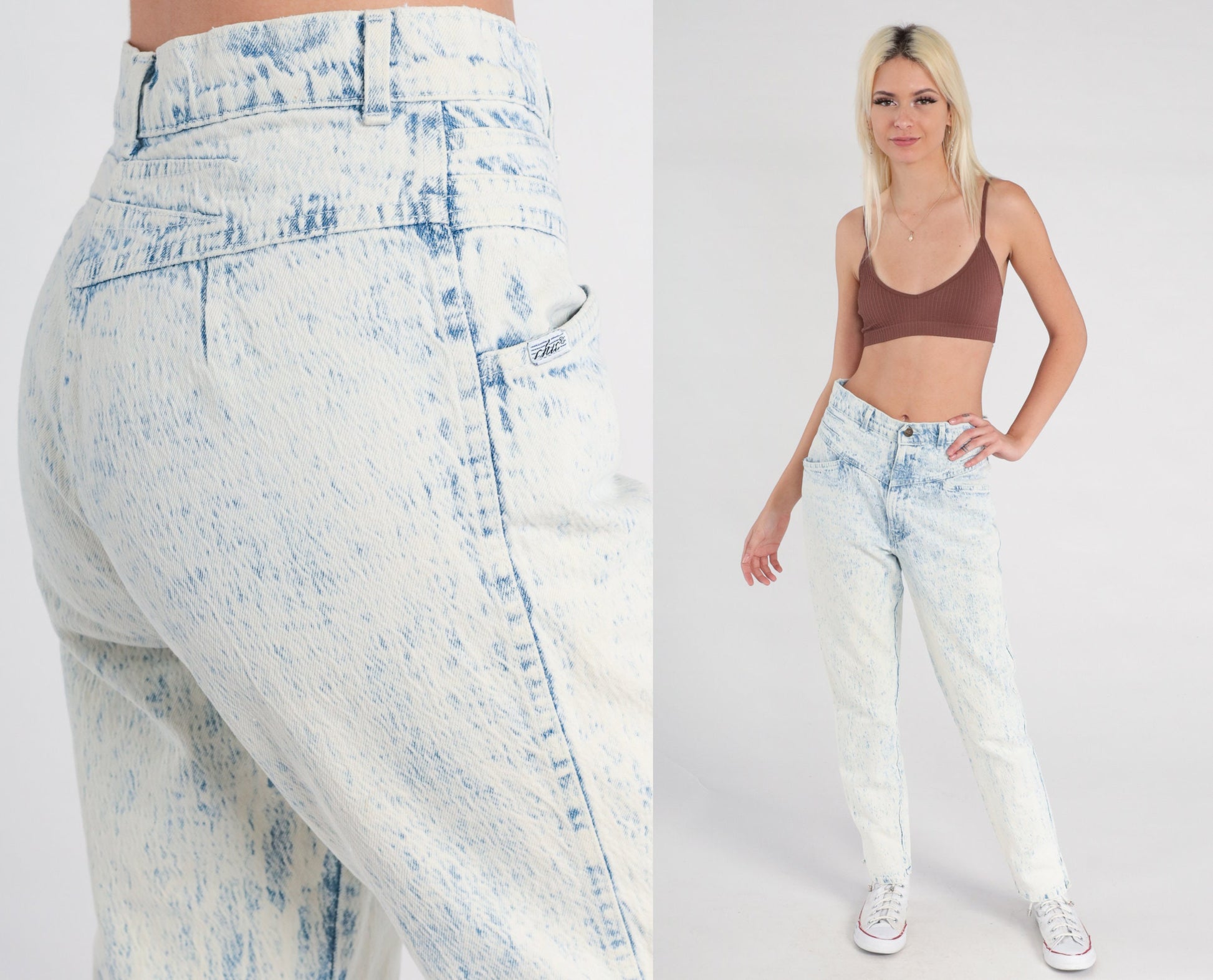 80s Acid Wash High Waist Mom Jeans Blue White Tapered Denim Small 28