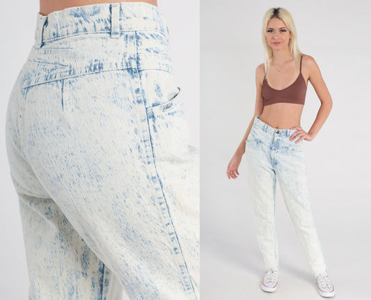 80s Acid Wash High Waist Mom Jeans Blue White Tapered Denim Small 28
