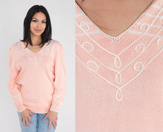 80s Pink Knit V-Neck Sweater White Stripes Soutache Trim Medium M
