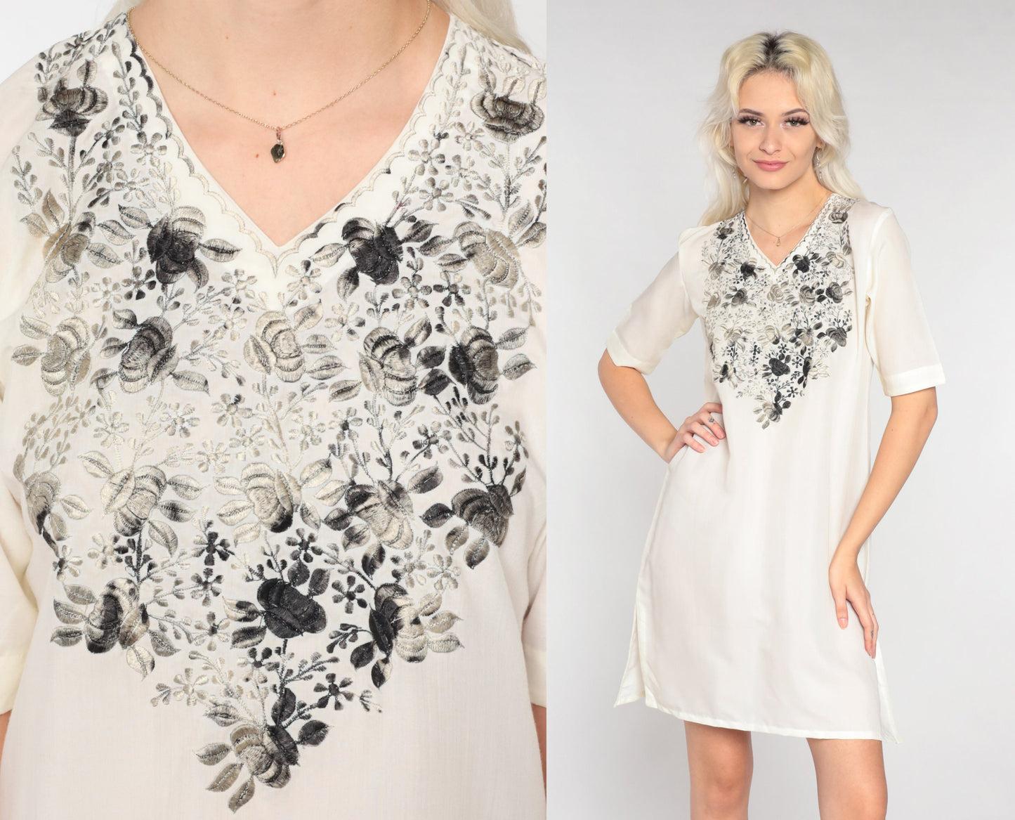 90s Floral Embroidered Mini Dress Off-White V-Neck Short Sleeve Extra Small