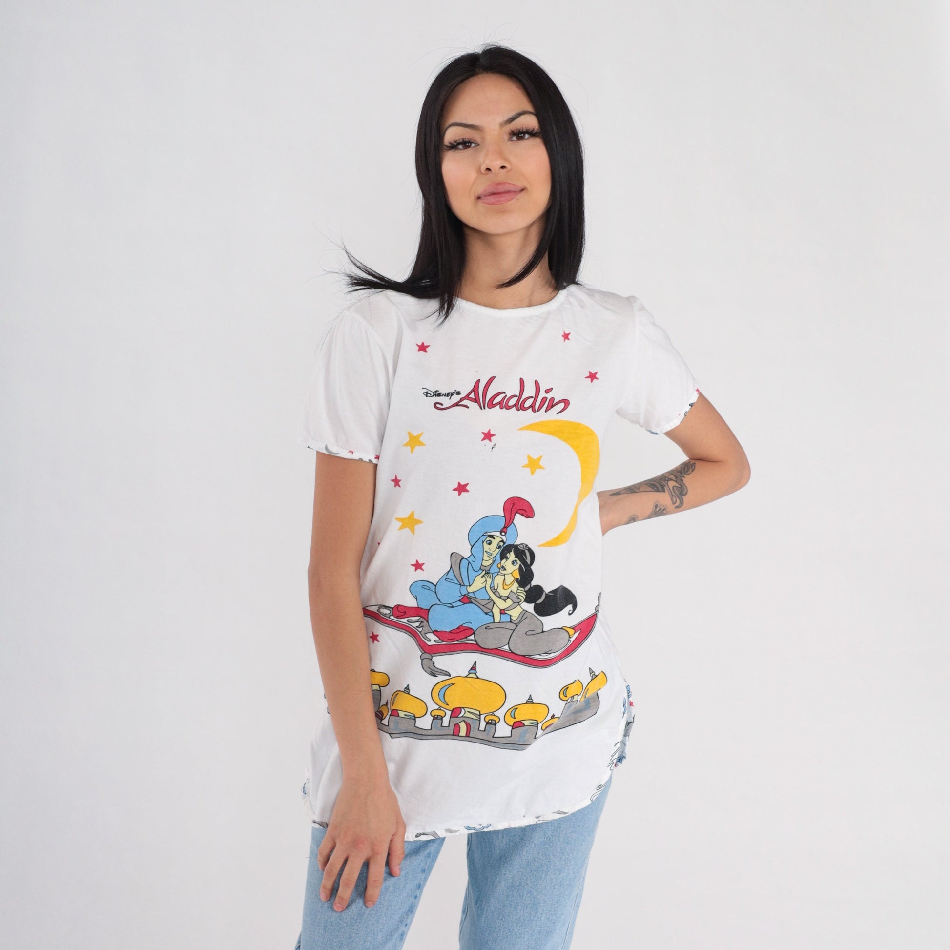 90s Disney Aladdin Princess Jasmine Graphic T-Shirt White Single Stitch Small
