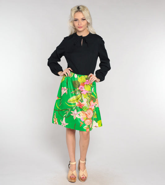 70s Floral Dress Black Green Keyhole Tie Knee Length Balloon Sleeve Medium