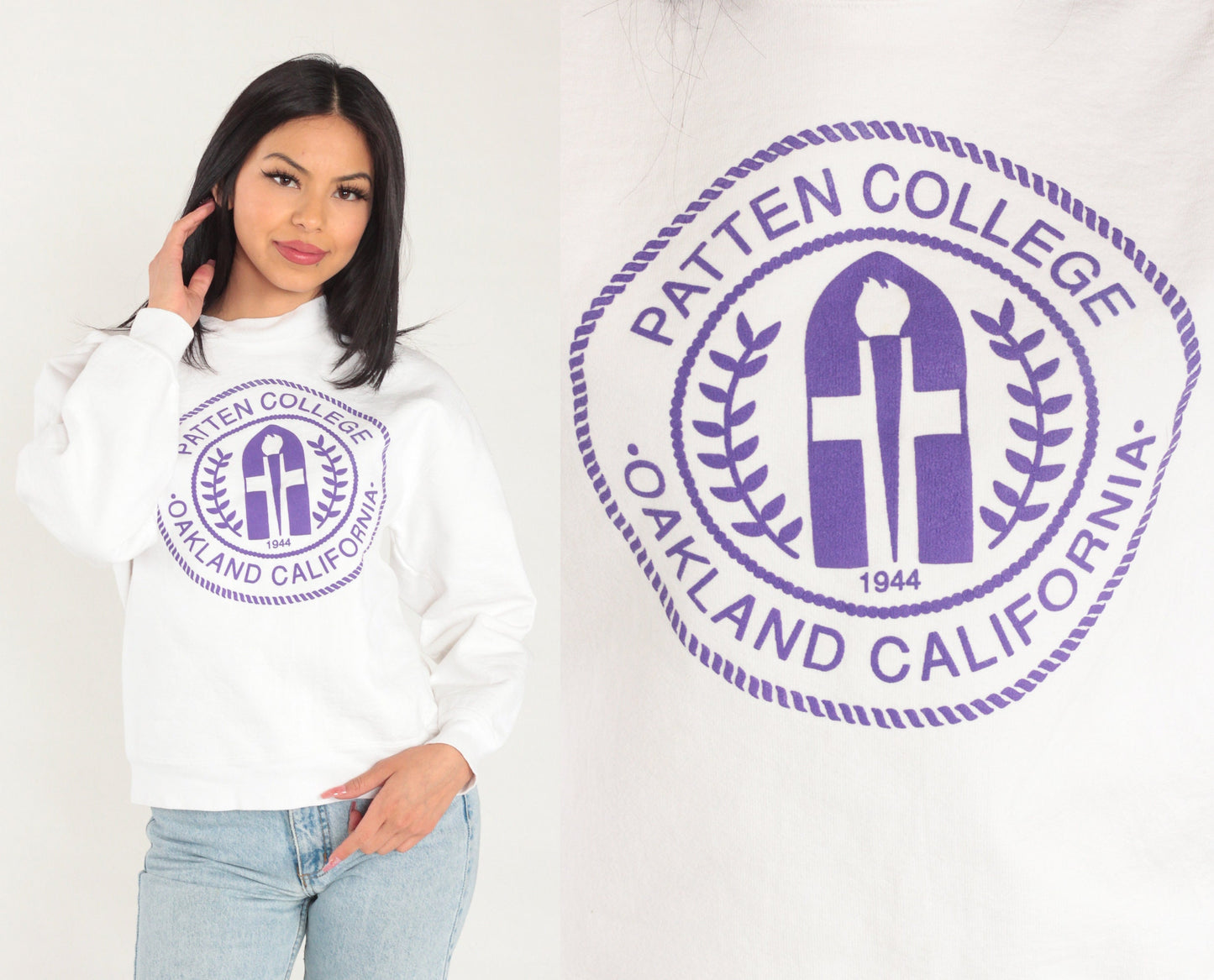 90s Patten College Oakland Sweatshirt White Purple Lions Graphic Small S