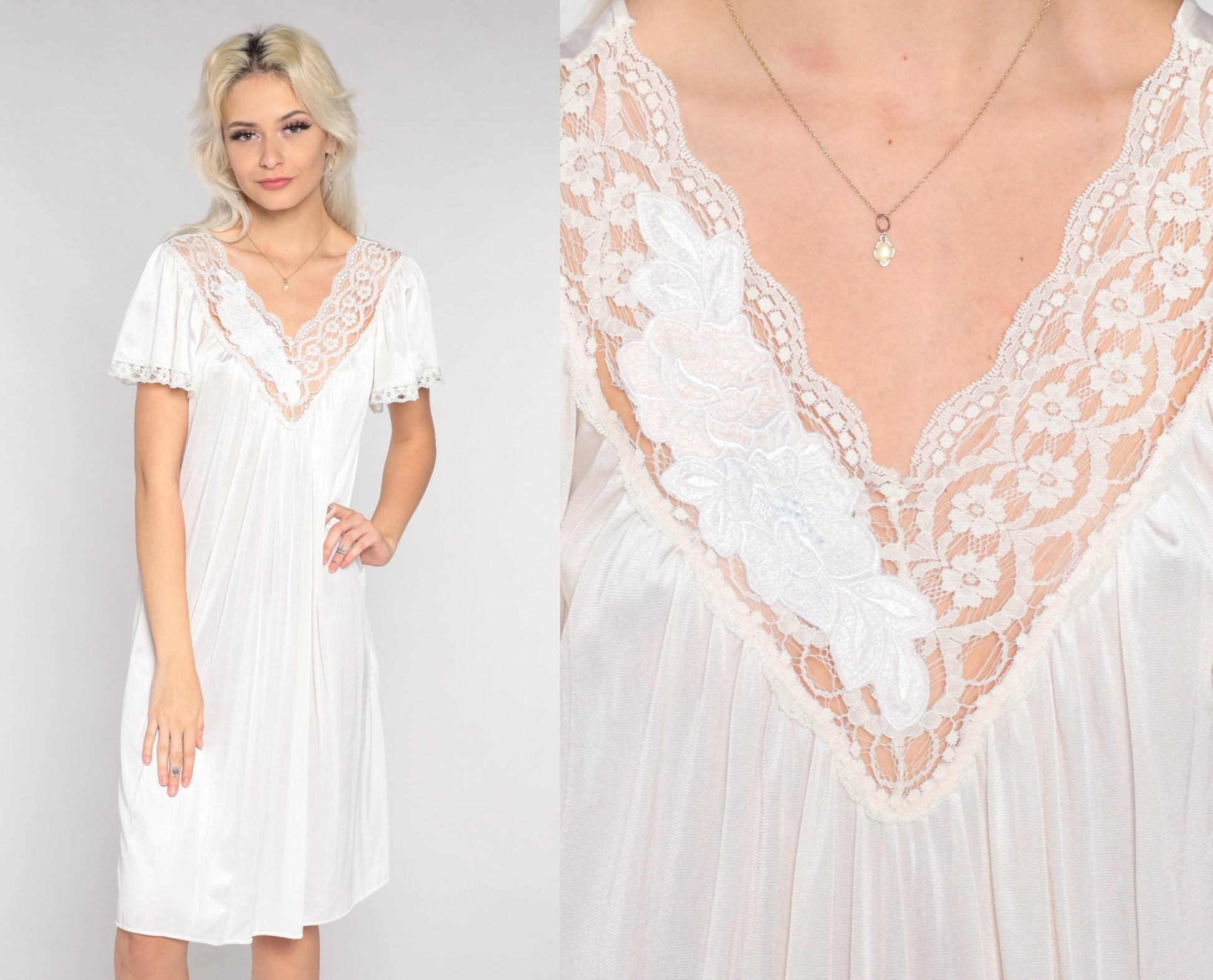 80s White Lace Nightgown Floral Trim V-Neck Short Sleeve Knee Length Medium