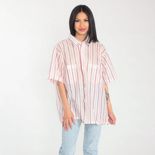 80s White Red Striped Button-Up Shirt Short Sleeve Collared Men's Extra Large