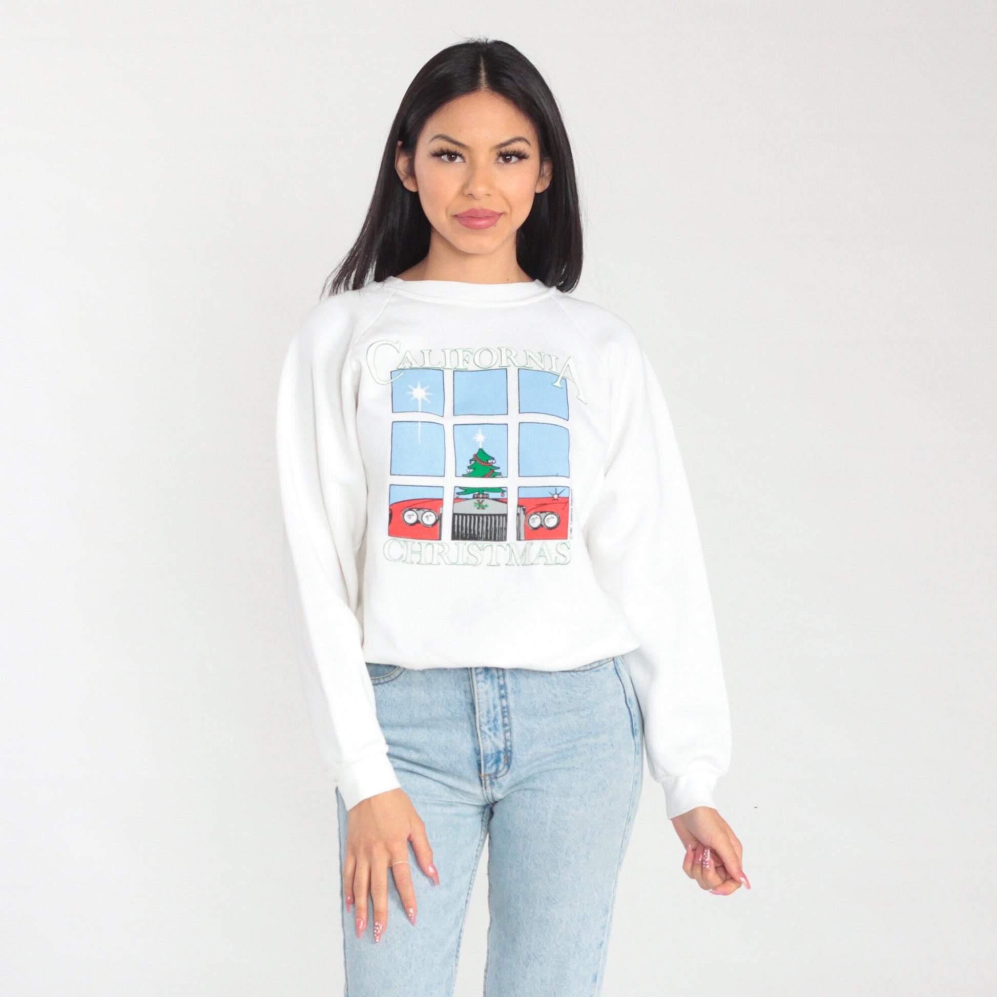 80s California Christmas Sweatshirt White Raglan Graphic Car Tree Small