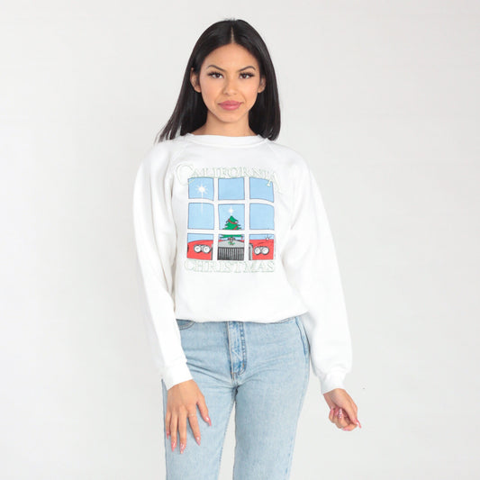 80s California Christmas Sweatshirt White Raglan Graphic Car Tree Small