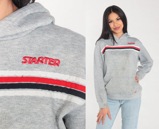 90s Starter Hoodie Heather Grey Striped Logo Sweatshirt Small