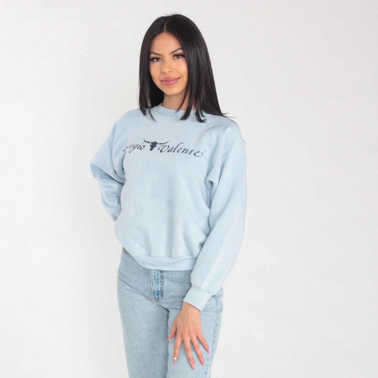 90s Sergio Valente Sweatshirt Light Blue Raglan Graphic Distressed Medium M