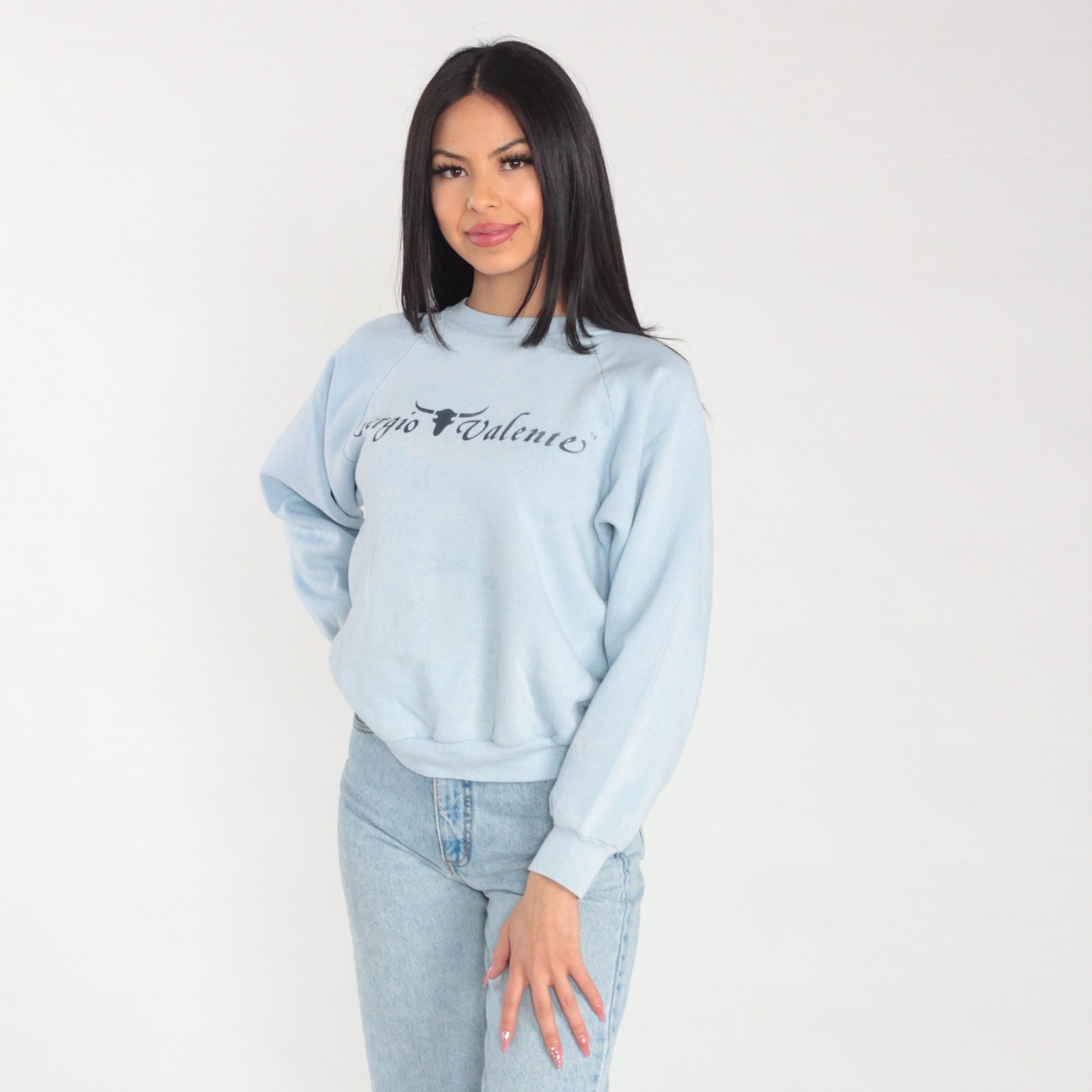 90s Sergio Valente Sweatshirt Light Blue Raglan Graphic Distressed Medium M