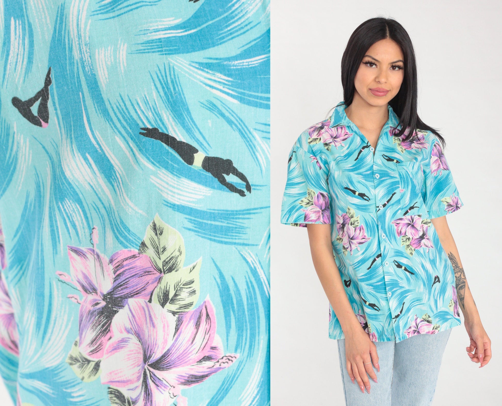90s Tropical Floral Swimmer Print Button Up Shirt Blue Cotton Medium