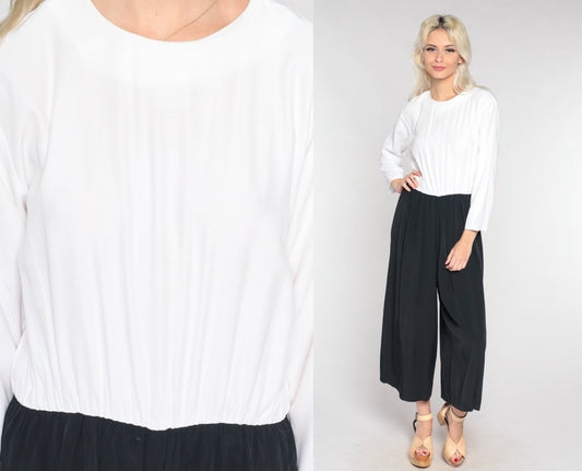 90s Black & White Wide Leg Jumpsuit Long Sleeve Rear Zip Medium