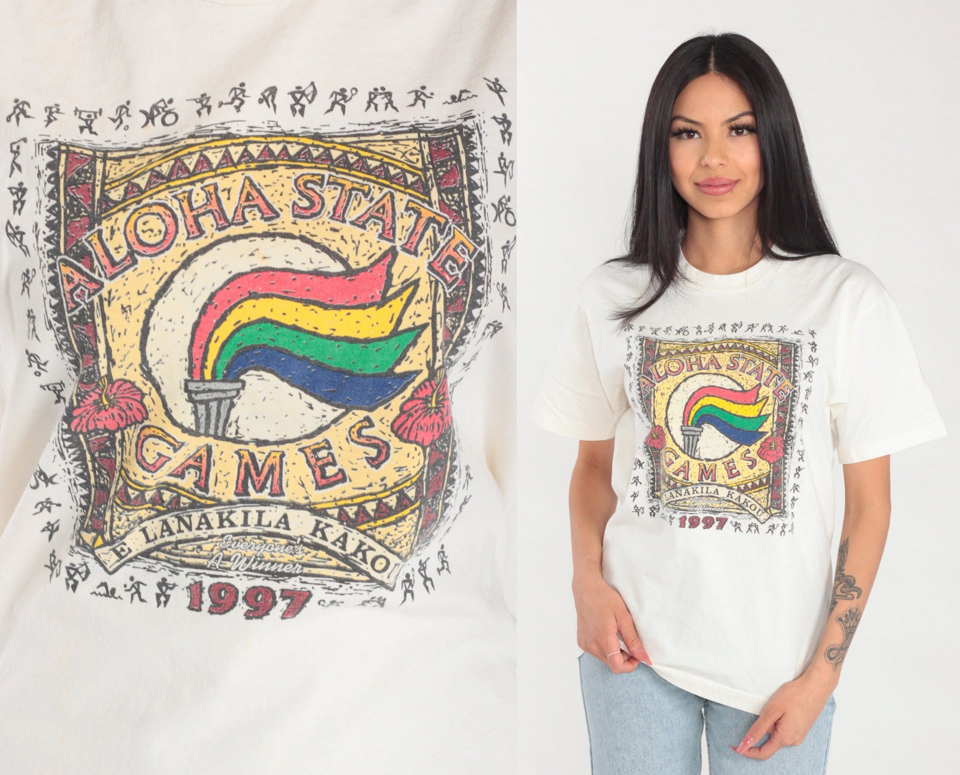 1997 Aloha State Games Hawaii Olympics Graphic T-Shirt White Cotton Medium