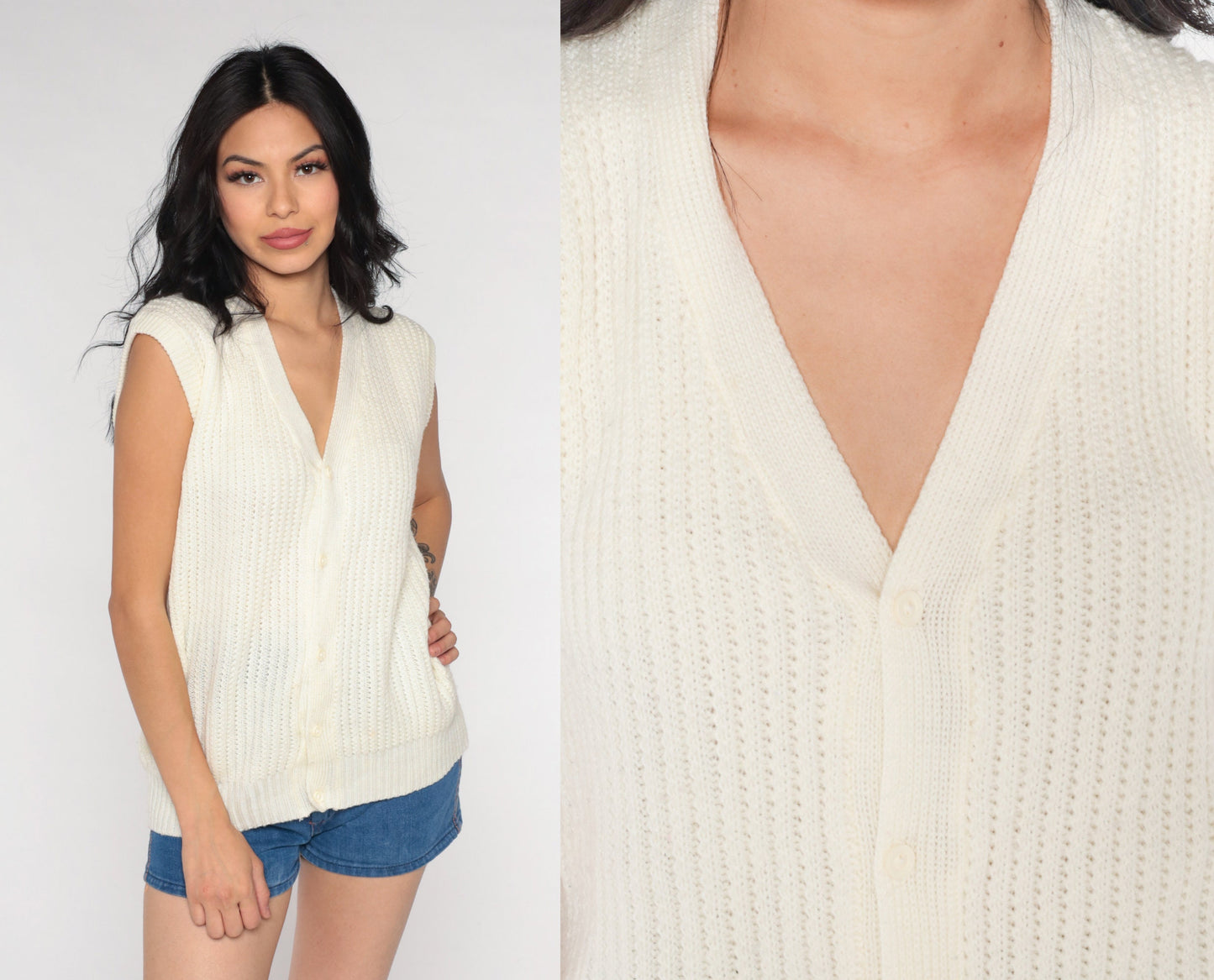 70s Cream Knit Vest Cap Sleeve Button-Up Sweater Tank Small S