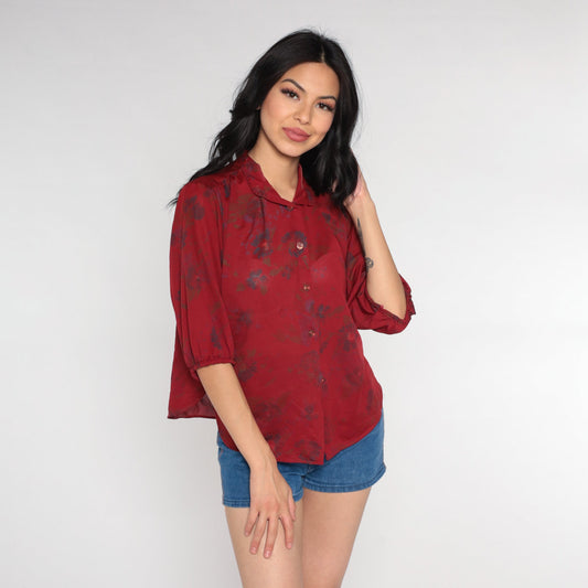70s Red Floral Puff Sleeve Button-Up Blouse Semi-Sheer Collared Medium Large