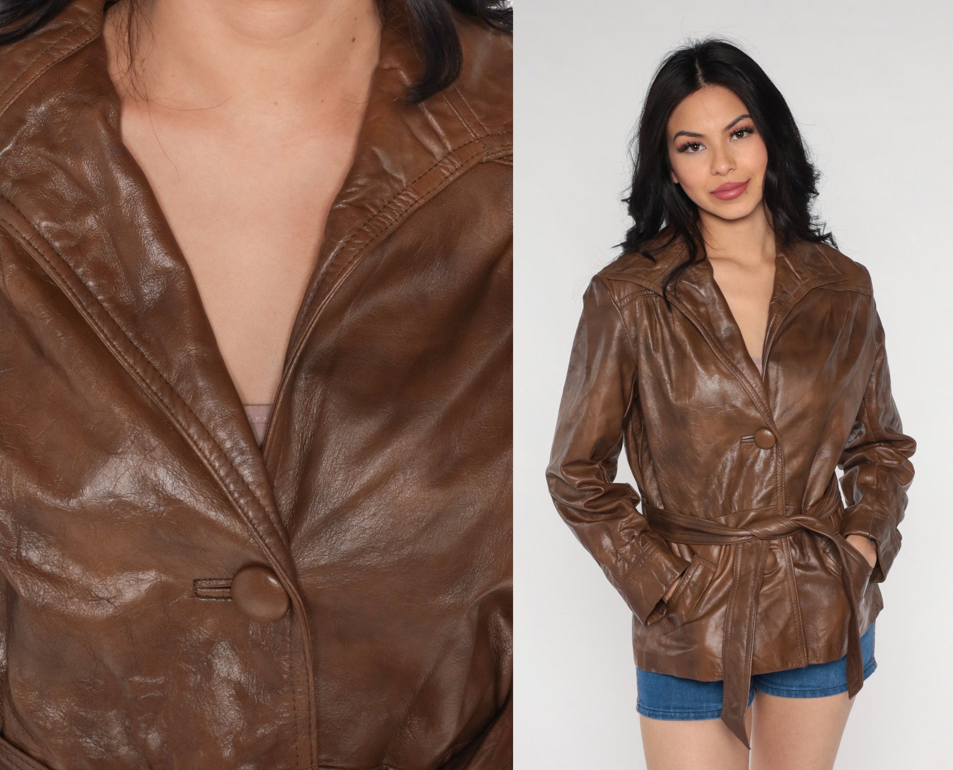70s Wilson's Leather Jacket Brown Belted Button-Up Small Medium