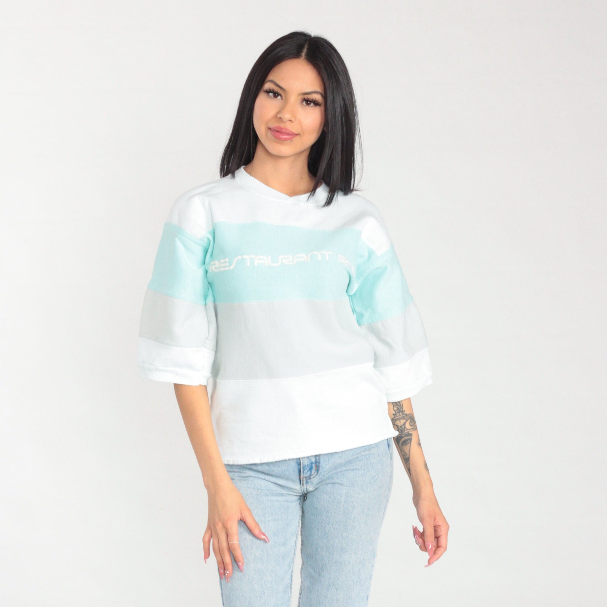80s Restaurant Row Striped Sweatshirt White Mint Grey Graphic Tee Small