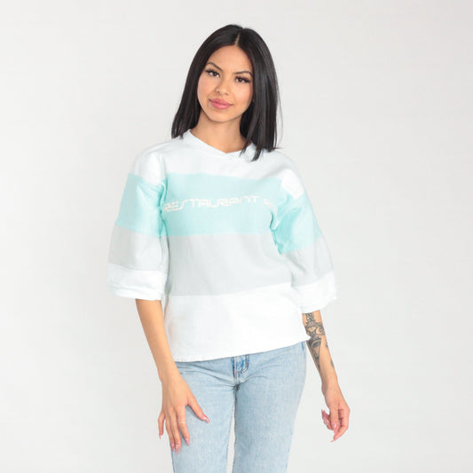 80s Restaurant Row Striped Sweatshirt White Mint Grey Graphic Tee Small