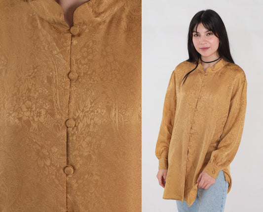 90s Gold Silk Tunic Blouse Embossed Paisley Floral Button-Up Long Sleeve Large L