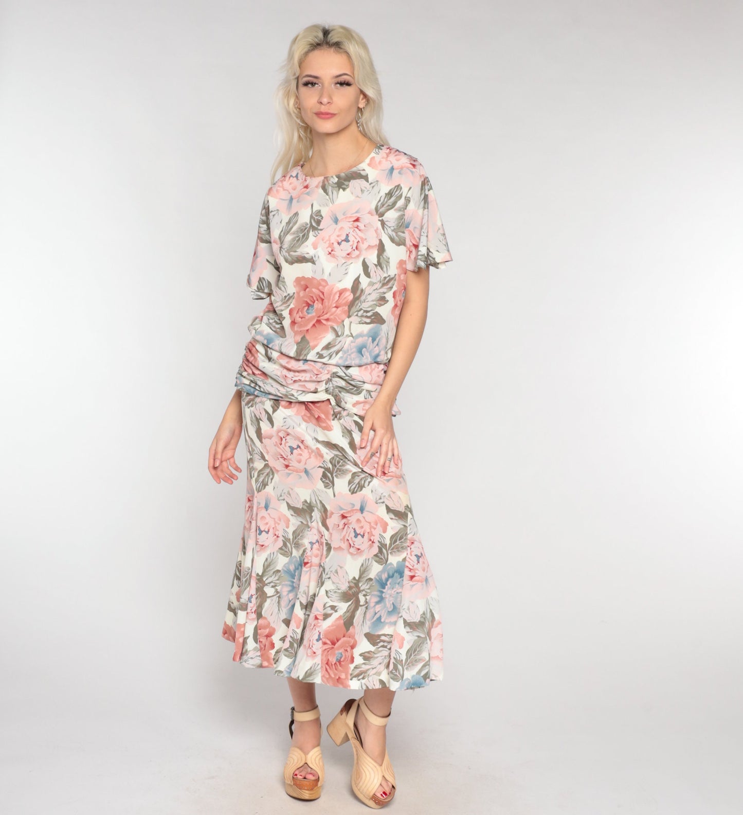 90s Floral Maxi Dress Short Sleeve Low Waist Ankle Length Medium Large